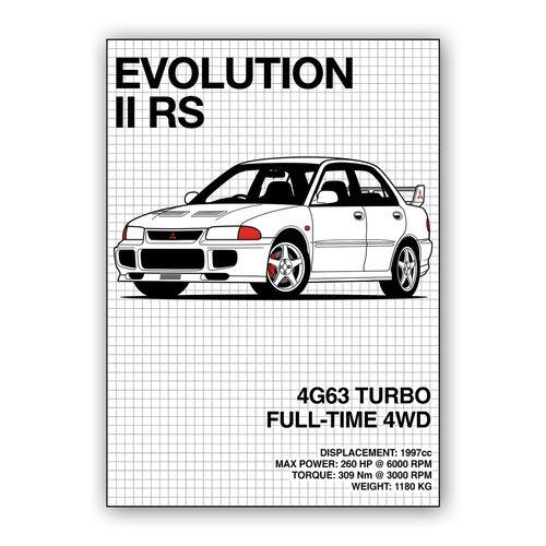 Mitsubishi Lancer Evolution II RS Technical Spec Illustration wall art poster