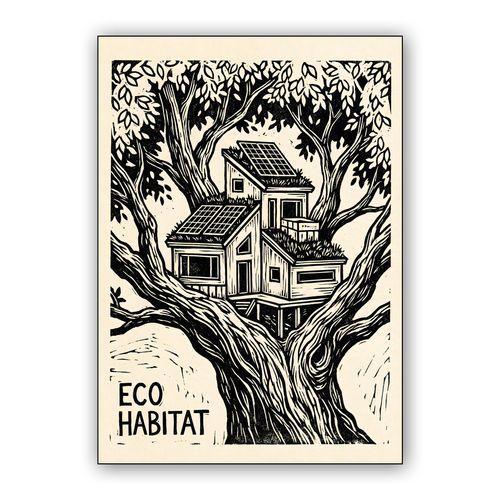 Eco Habitat Modern Treehouse Linocut wall art poster