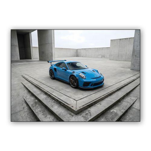 Blue Porsche 911 GT3 RS in Brutalist Setting wall art poster