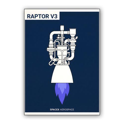 Raptor V3: Minimalist Rocket Engine Blueprint wall art poster