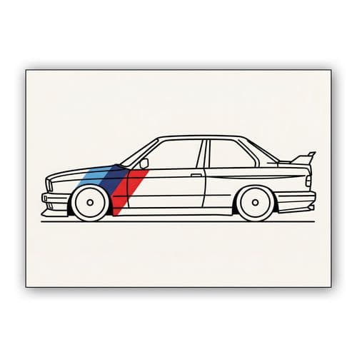 BMW E30 M3: Minimalist M-Stripe Profile wall art poster