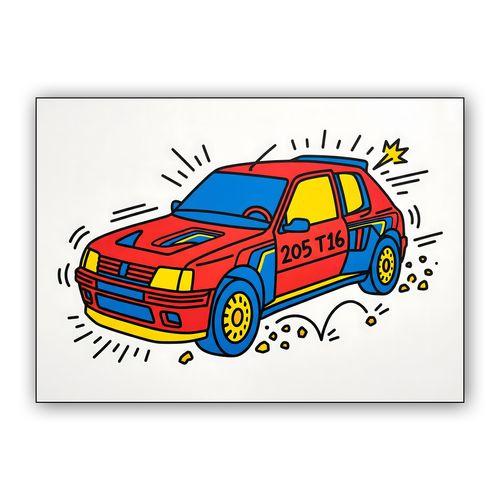Peugeot 205 T16: Keith Haring Style Rally Art wall art poster