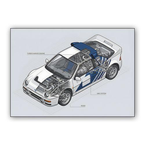 Engineering an Icon: Ford RS200 Technical Cutaway wall art poster