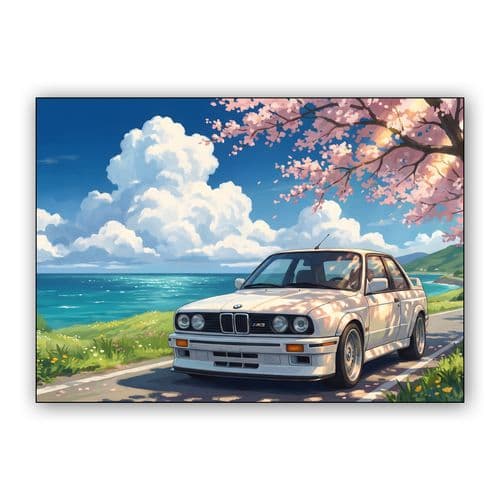 BMW E30 M3 Coastal Sakura Drive wall art poster