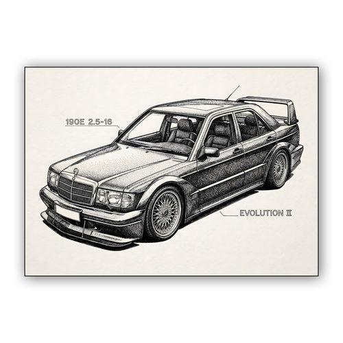 Mercedes 190E Evolution II Stippled Illustration wall art poster