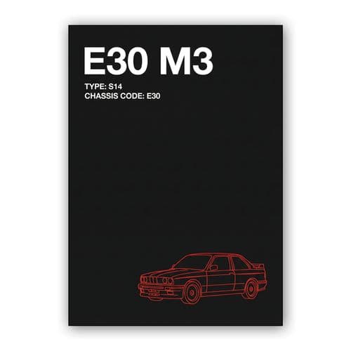 BMW E30 M3 S14 Minimalist Black and Red Graphic wall art poster