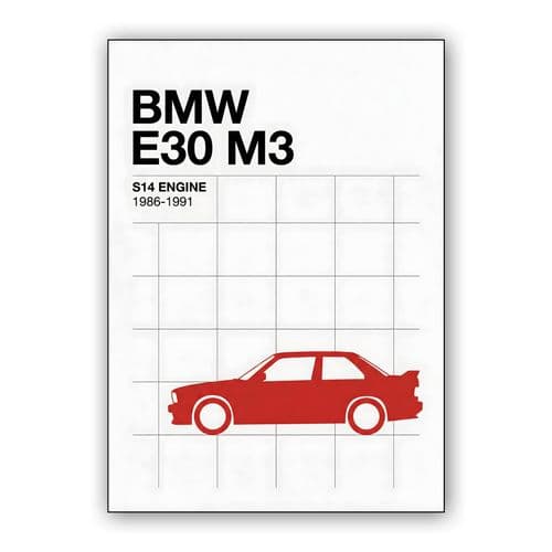 BMW E30 M3 S14 Red Profile Technical Art wall art poster