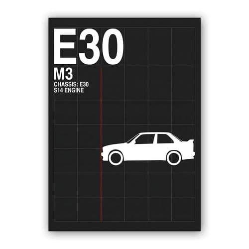 BMW E30 M3 S14 White Profile Technical Art wall art poster