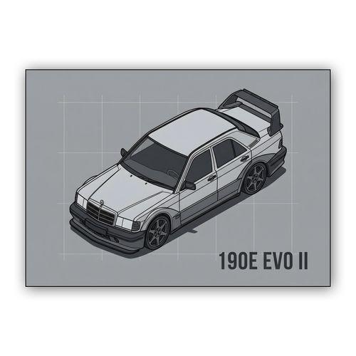Mercedes 190E Evolution II Isometric Technical Illustration wall art poster