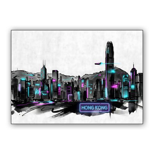 Neon Pulse: Hong Kong Ink-Wash Skyline wall art poster