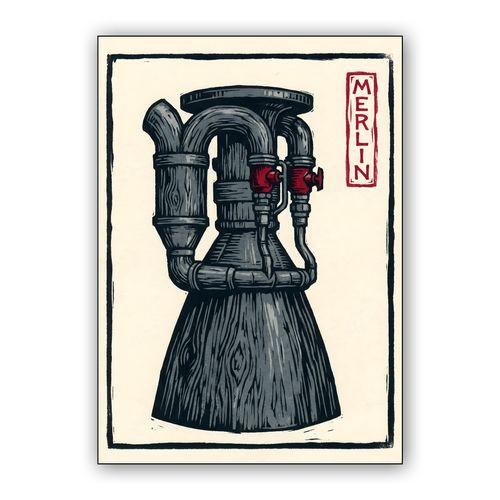 SpaceX Merlin Engine Linocut Print wall art poster