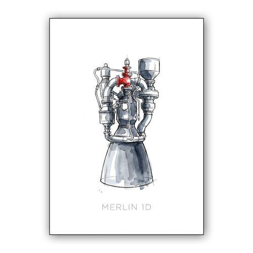 SpaceX Merlin 1D Watercolor Sketch wall art poster