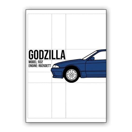 Nissan Skyline GT-R R32 Godzilla Technical Illustration wall art poster