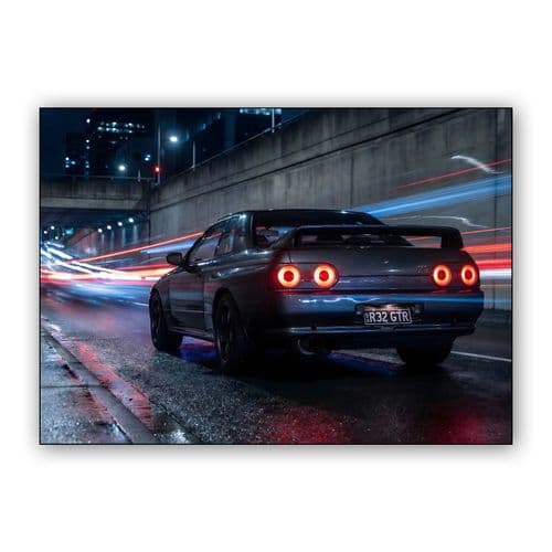 Godzilla in the Shadows: Nissan Skyline GT-R R32 Night Trails wall art poster
