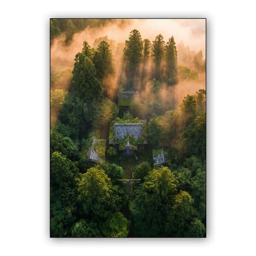 Sacred Forest Mist: Aerial Shinto Shrine wall art poster