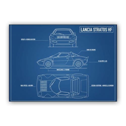 Lancia Stratos HF Engineering Blueprint wall art poster