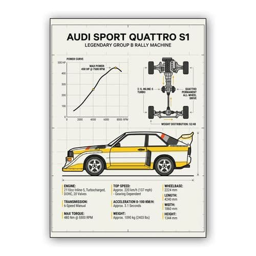 Audi Sport Quattro S1 Group B Technical Infographic wall art poster