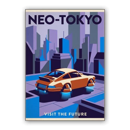 Visit Neo-Tokyo: Classic Porsche 911 Hovercar wall art poster