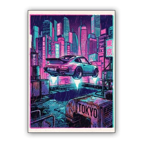 Rainy Neo-Tokyo Takeoff: Porsche 911 Hovercar wall art poster