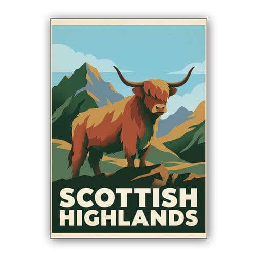 Scottish Highlands Retro Poster: Highland Cow wall art poster
