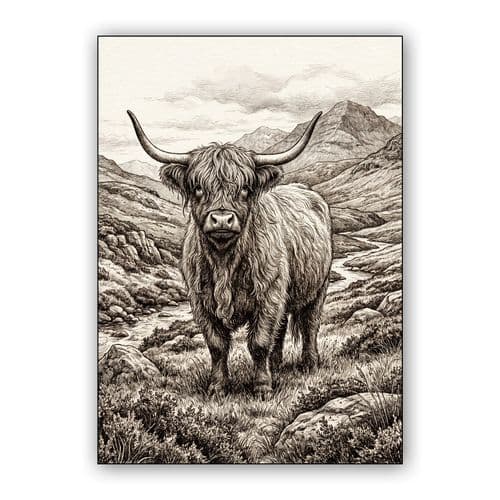 Highland Majesty: Sepia Ink Drawing of a Scottish Cow wall art poster