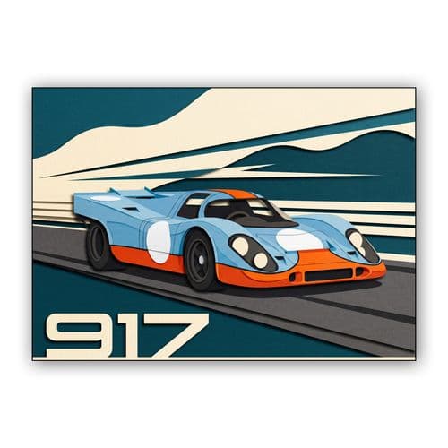 Porsche 917 Gulf Livery Paper Cutout Racer wall art poster