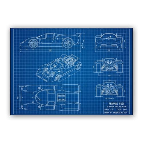 Ferrari 512S Scuderia Specification Technical Blueprint wall art poster