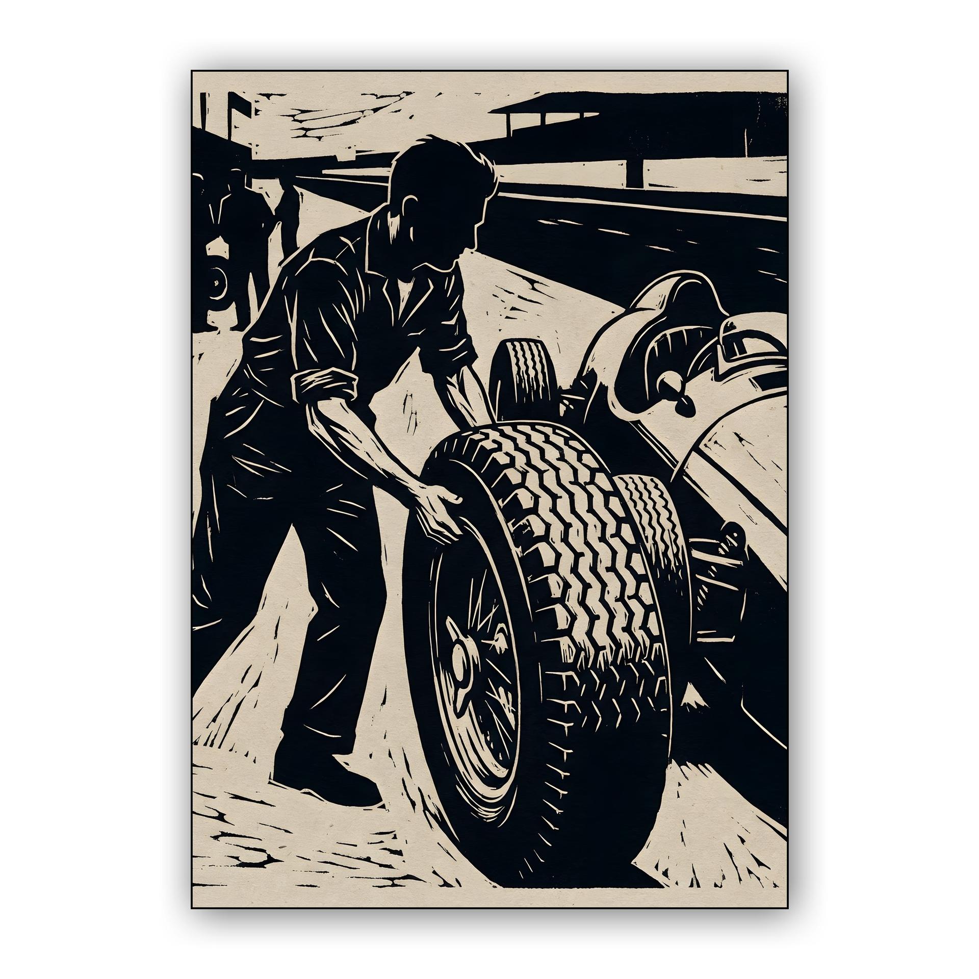 Vintage Pit Stop Woodcut