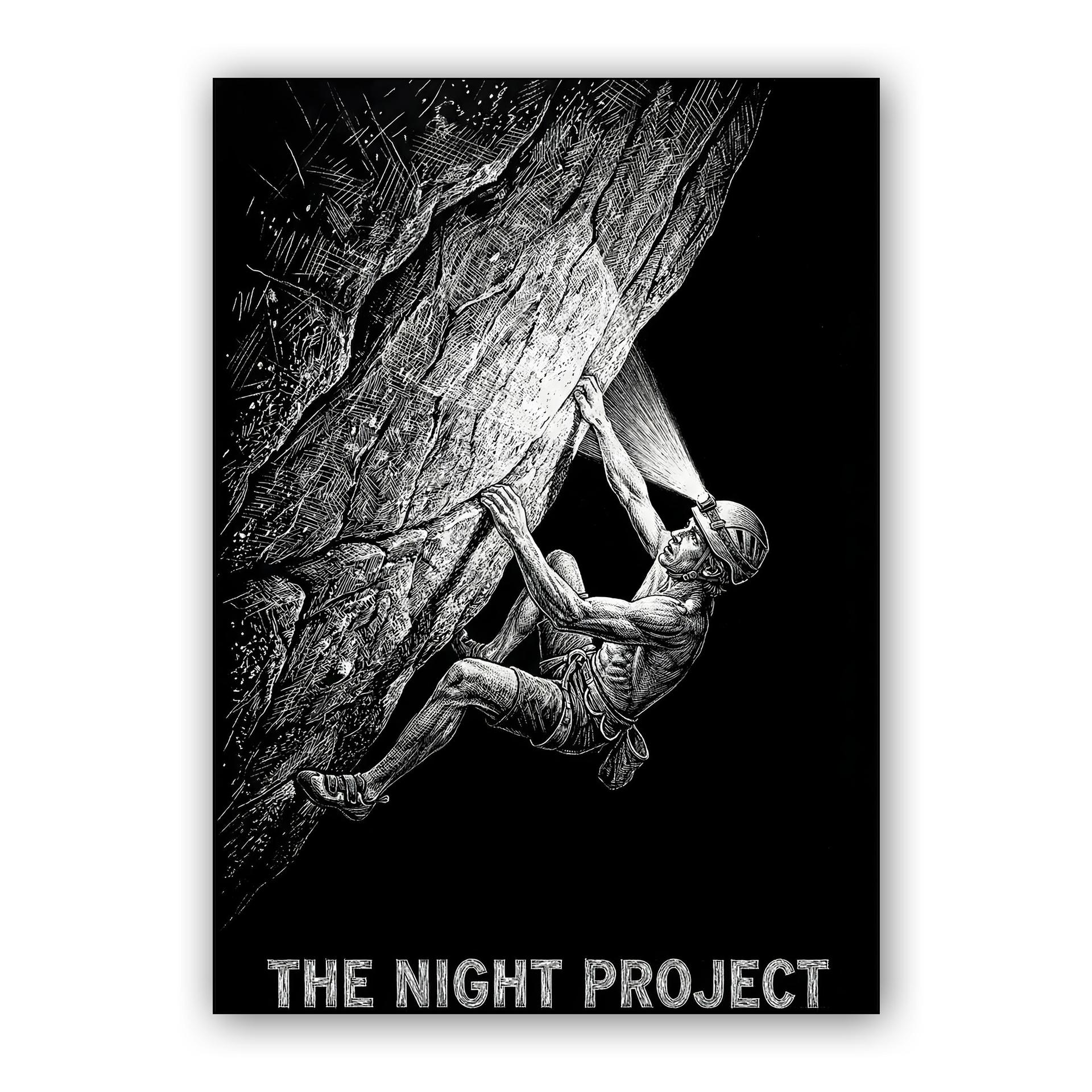 The Night Project: Woodcut Rock Climbing Illustration