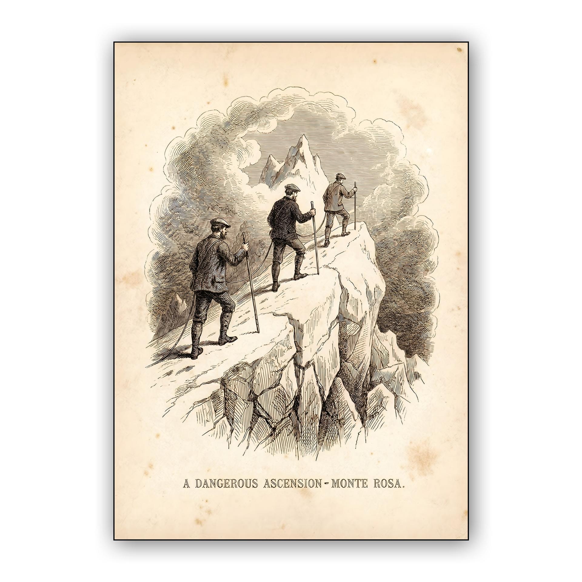 A Dangerous Ascension: Vintage Monte Rosa Mountaineering Engraving