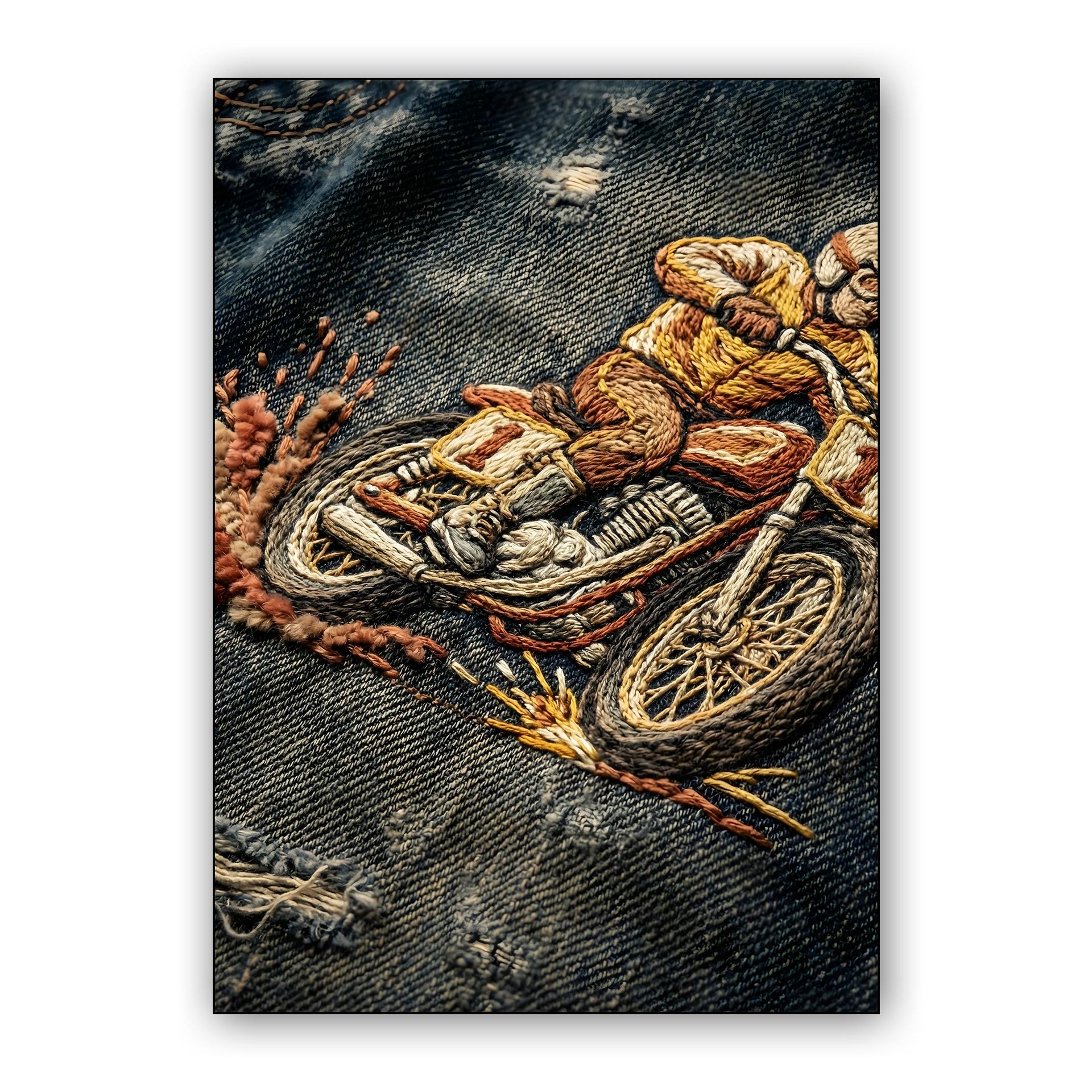 Threaded Torque: Vintage Scrambler Embroidery on Denim