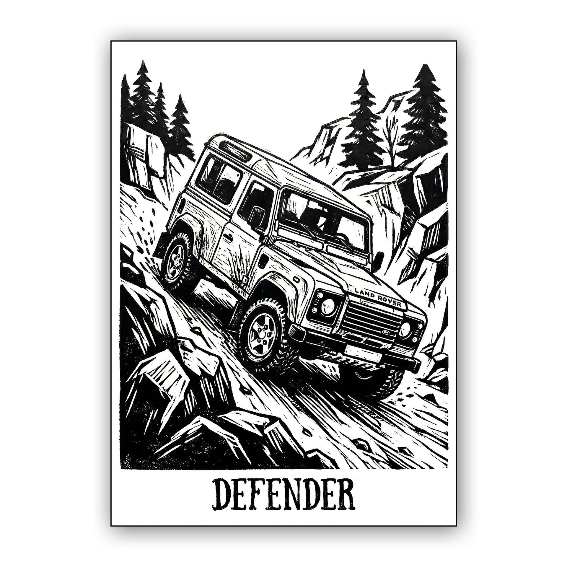 Land Rover Defender 90 Mountain Woodcut