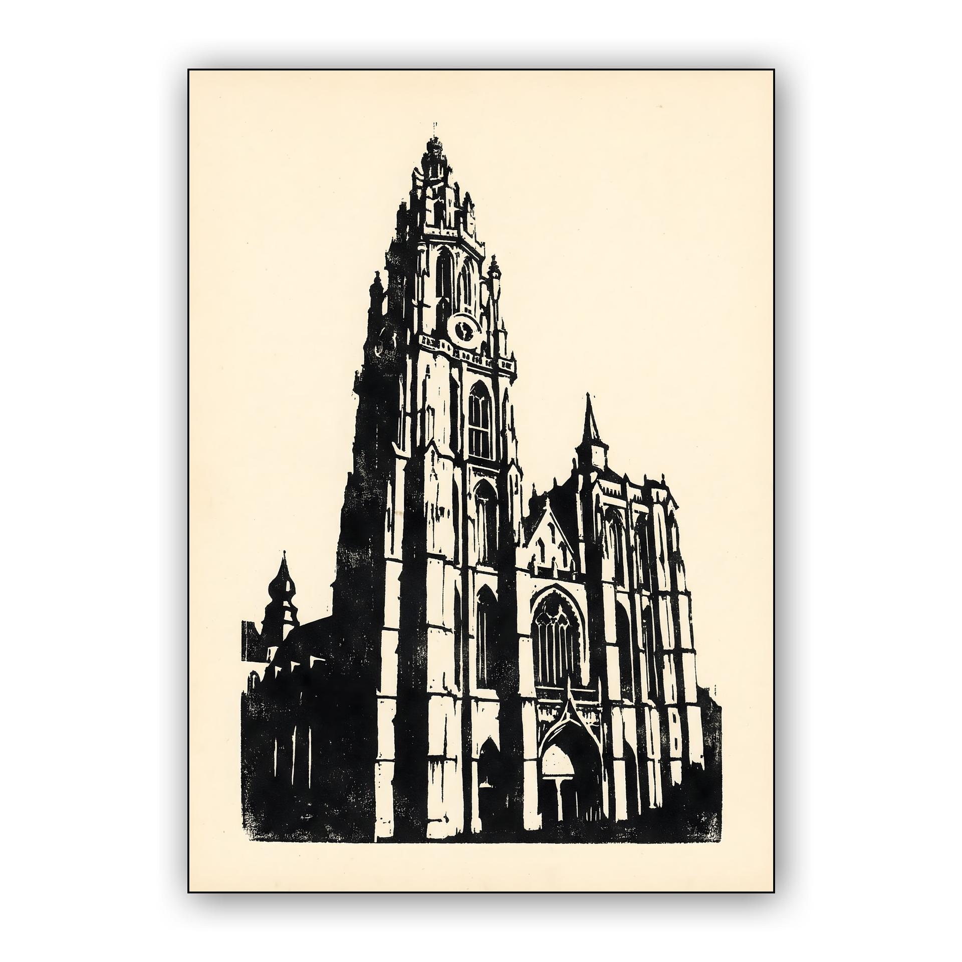 Antwerp Cathedral Woodcut Illustration