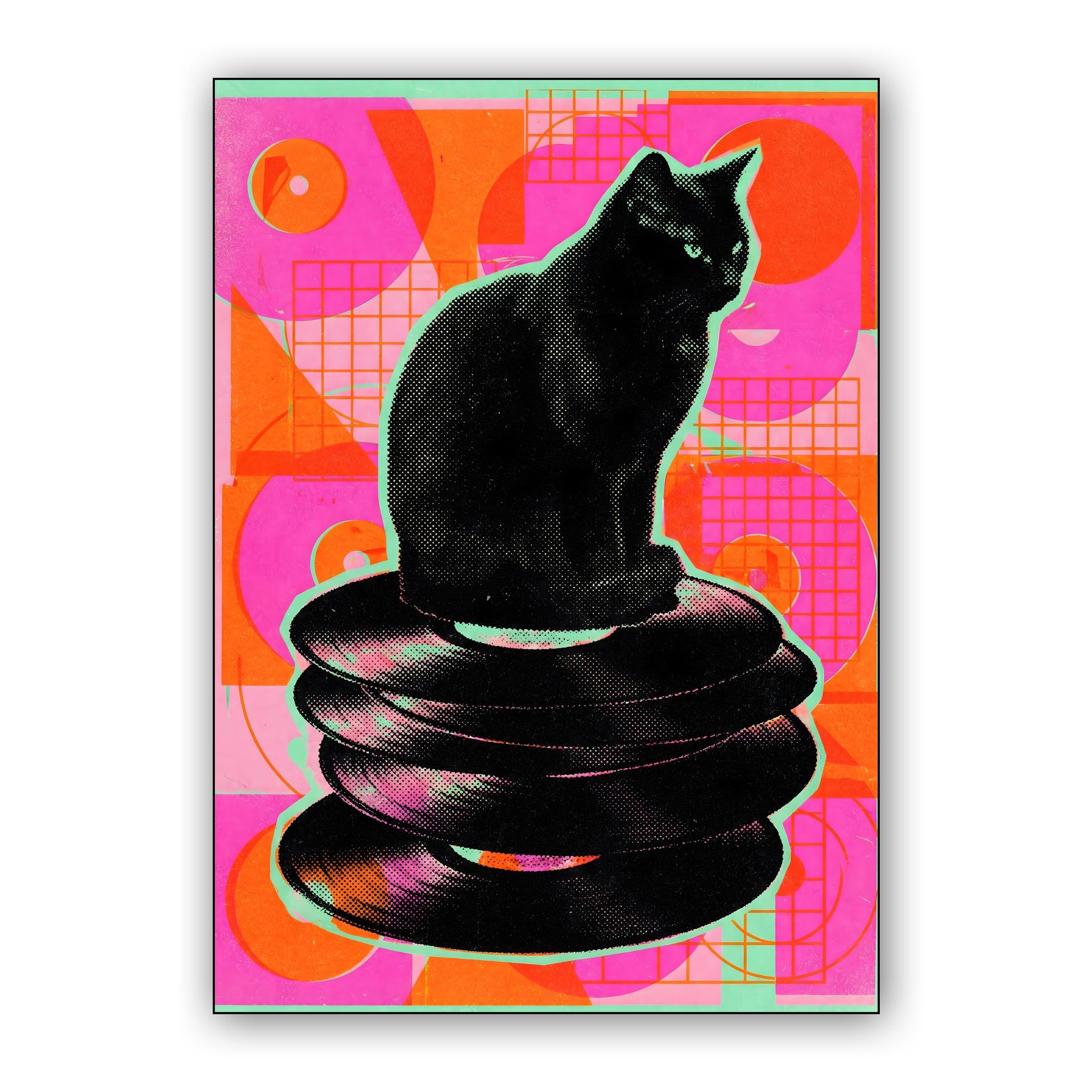 Retro Groove: Black Cat on Vinyl Stack