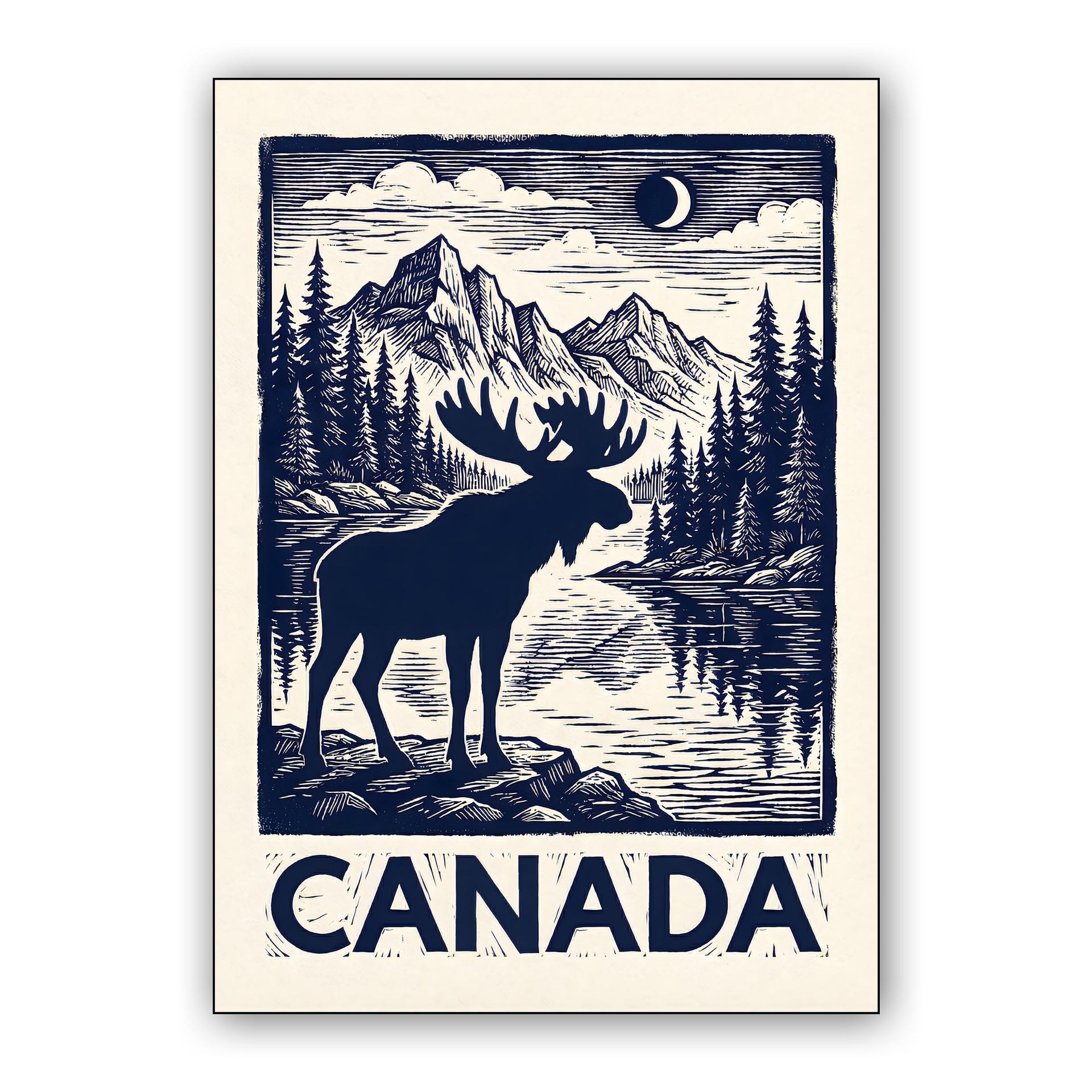 Majestic Canada Moose Woodcut Travel Poster