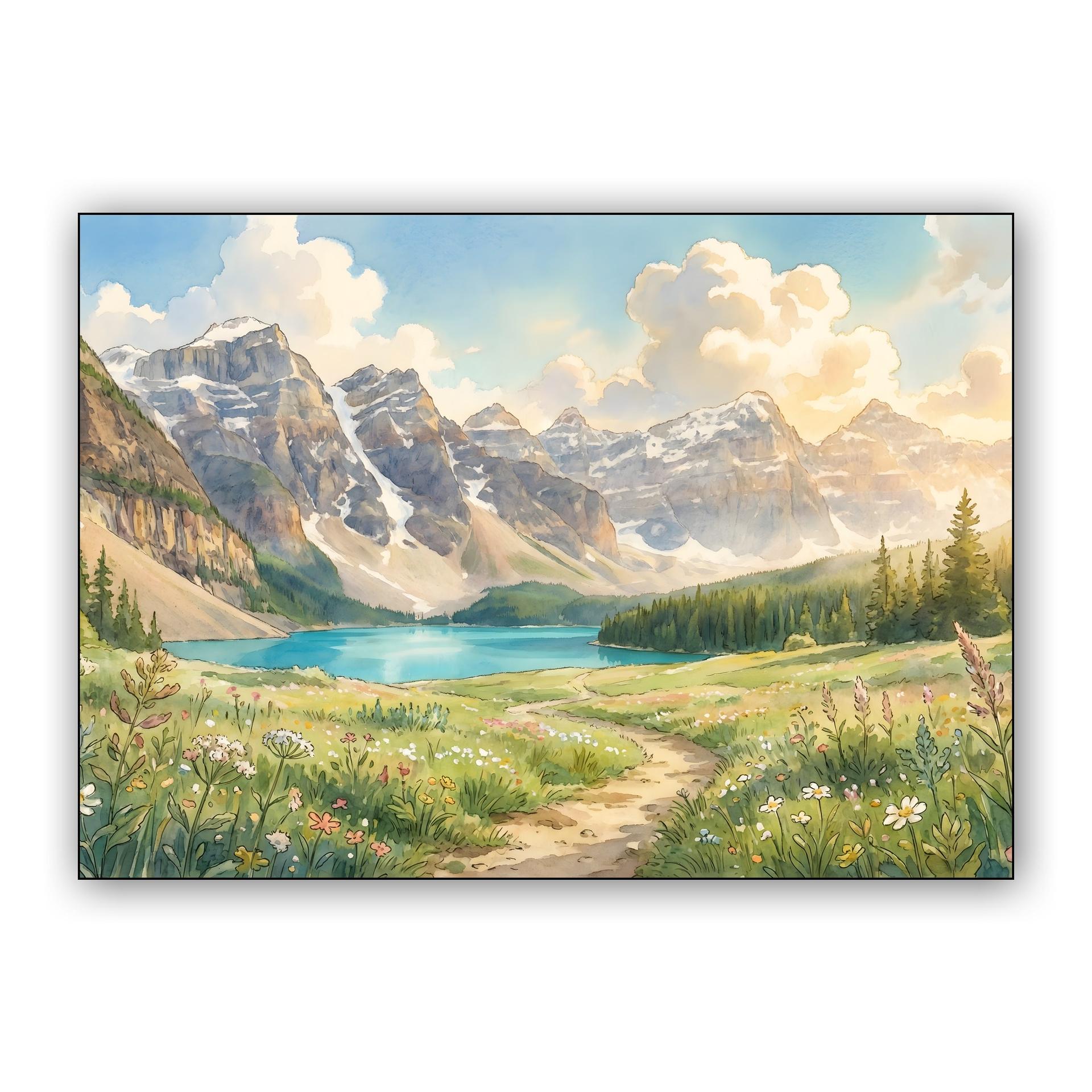 Banff Moraine Lake Wildflower Meadow Watercolor