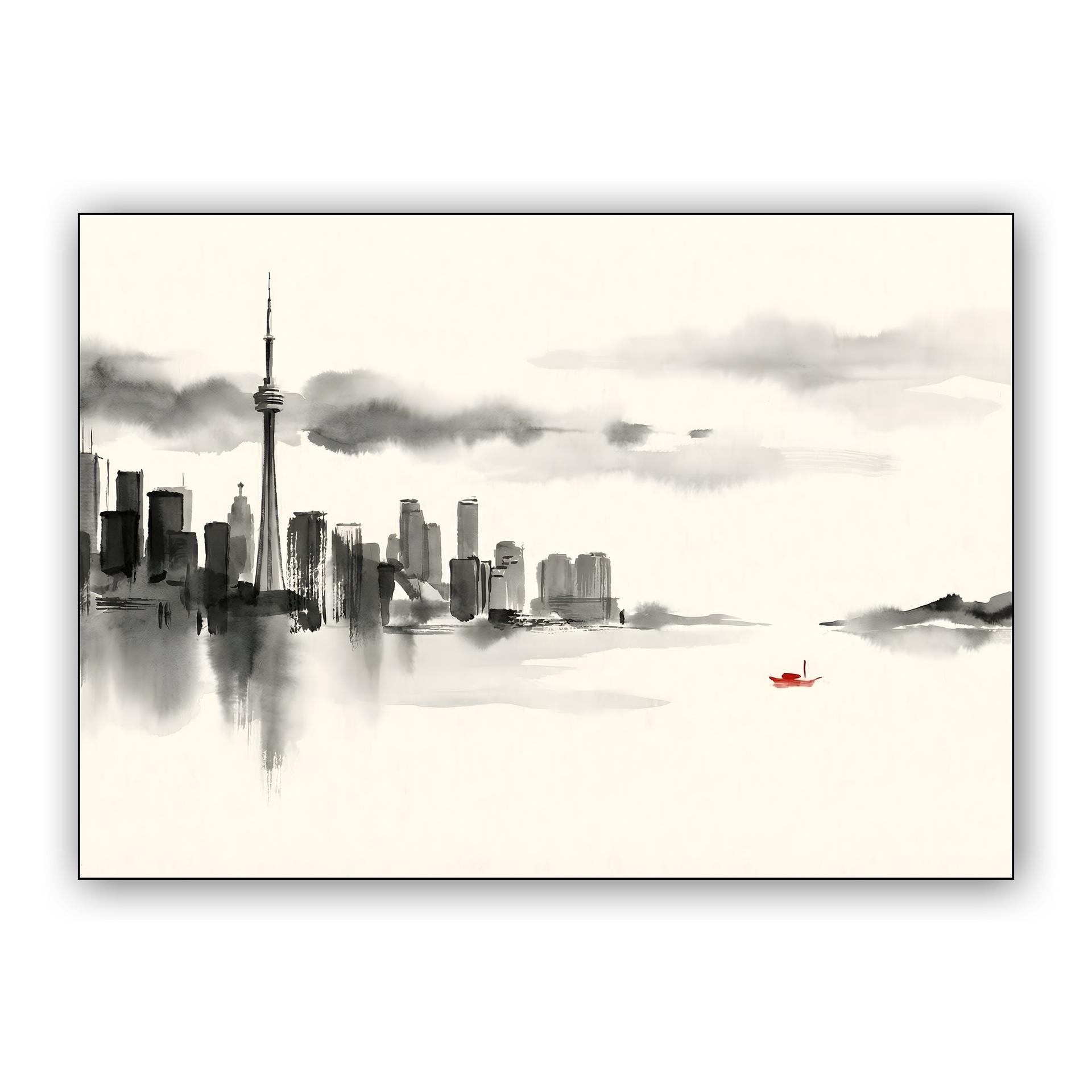 Sumi-e Toronto: Red Boat on Lake Ontario