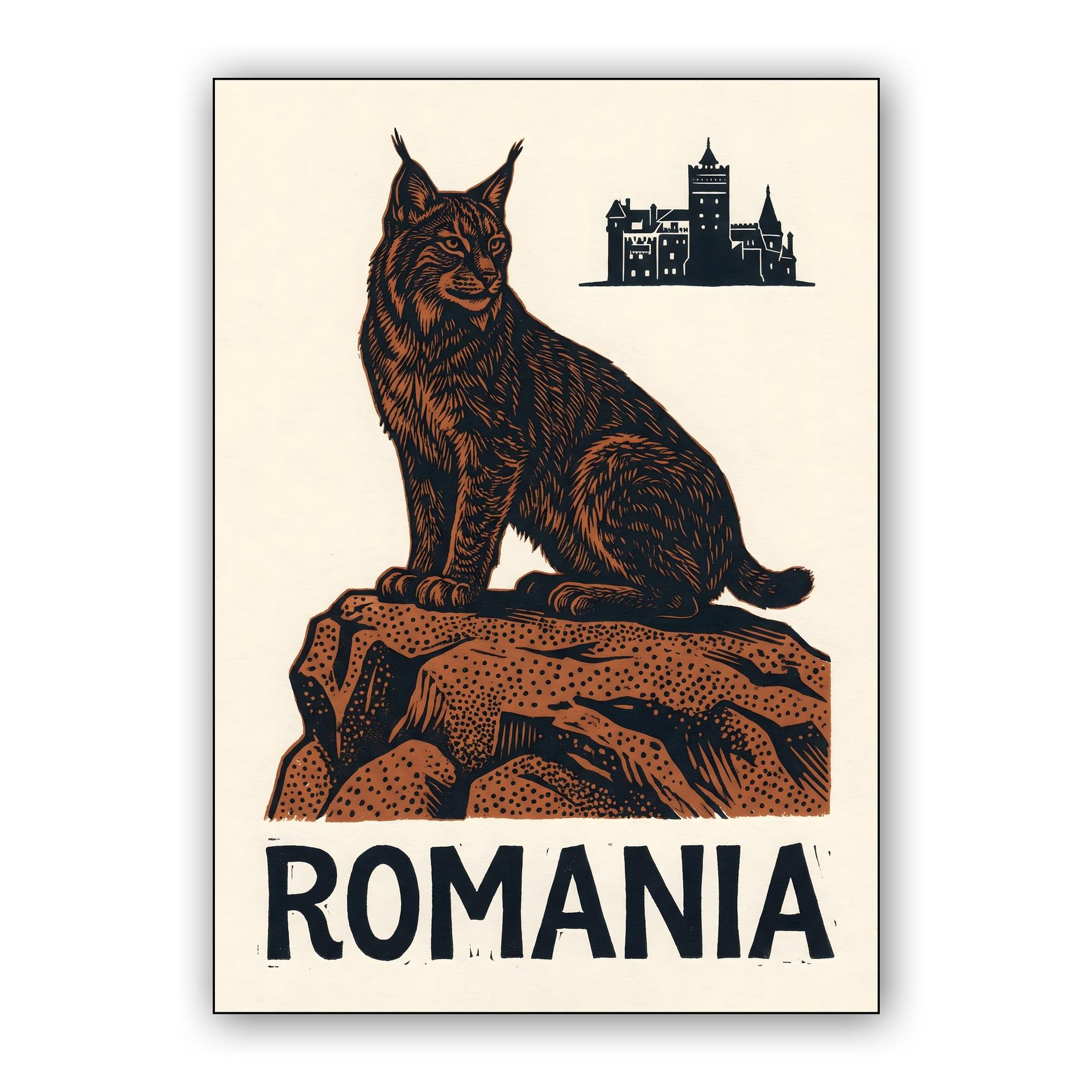 Wild Romania: Lynx and Bran Castle Woodcut Poster