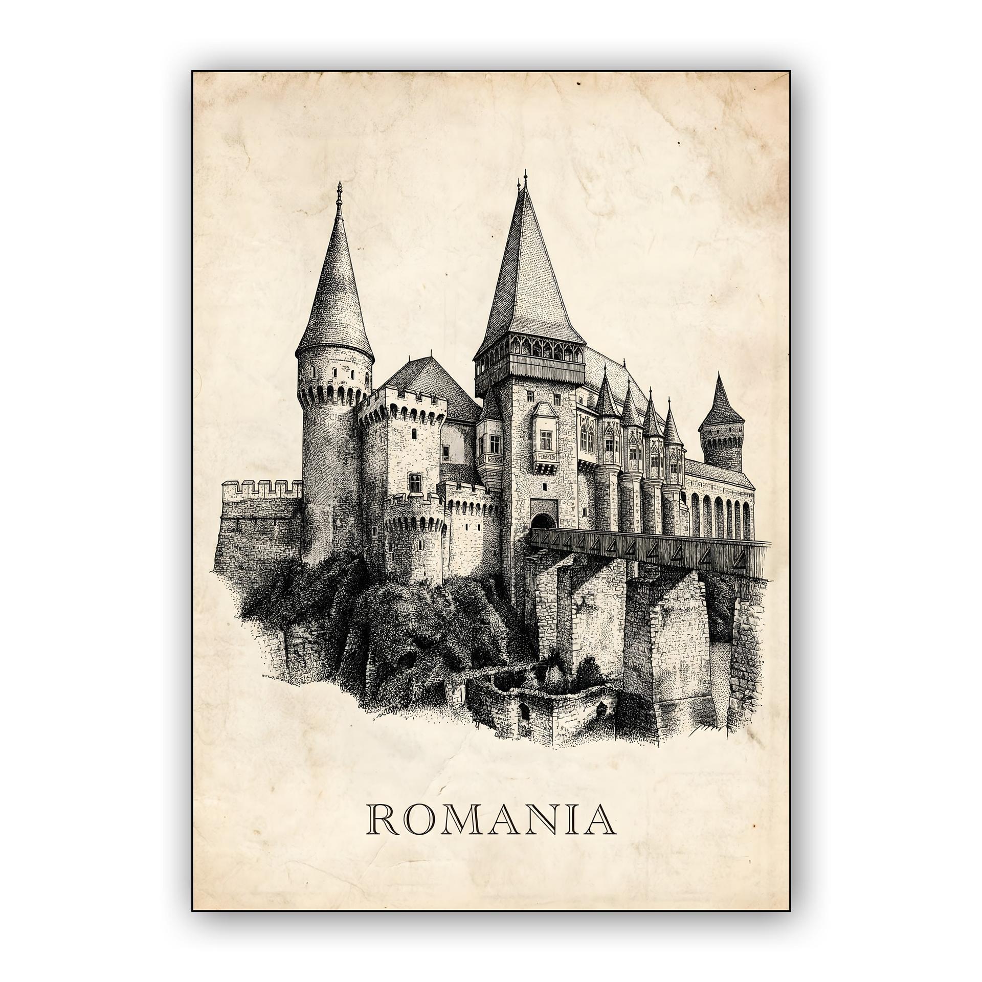 Corvin Castle Romania: Vintage Ink Illustration