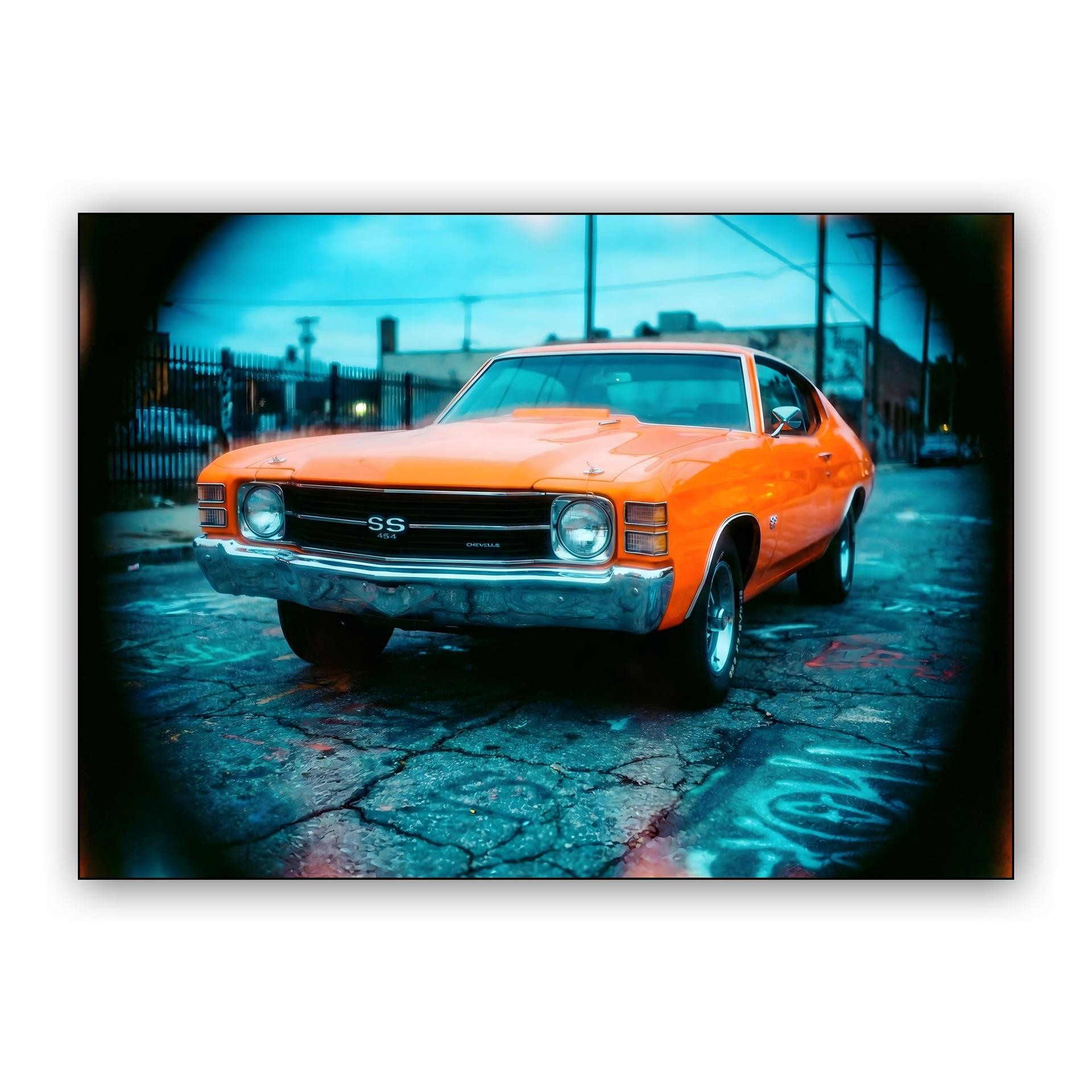 Vivid Orange Chevelle SS 454: Urban Fisheye Perspective