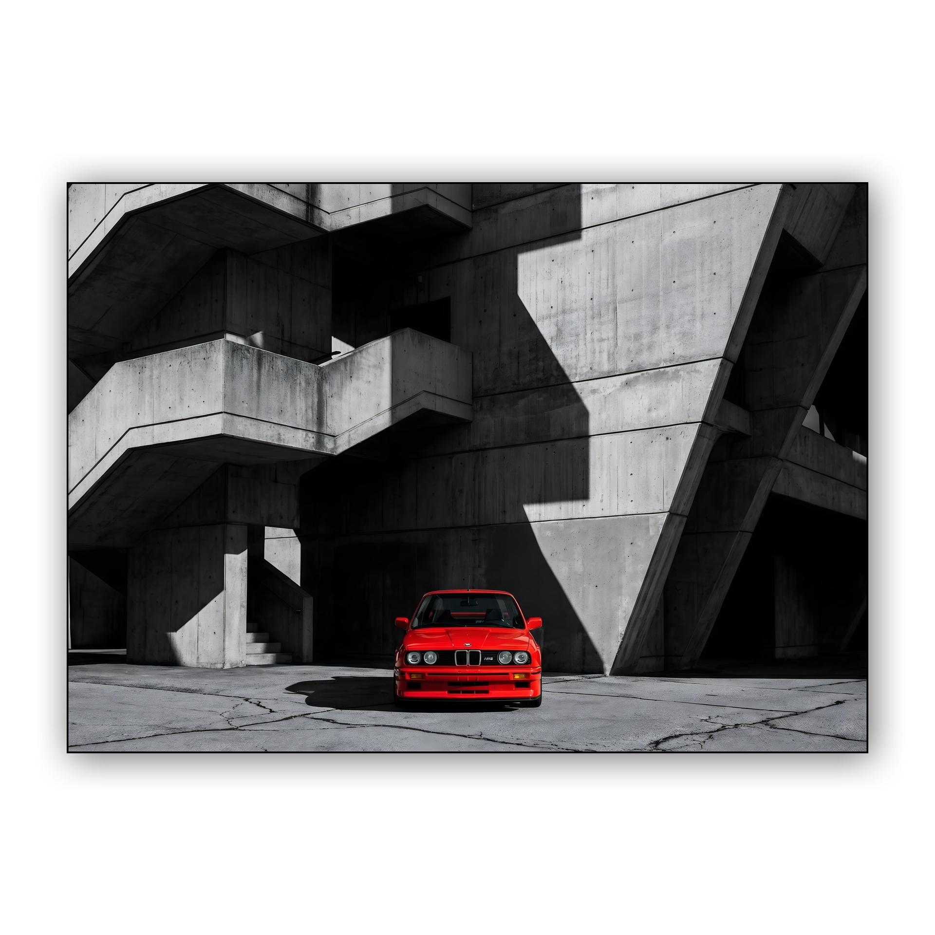 Crimson Icon: BMW E30 M3 in Brutalist Shadow
