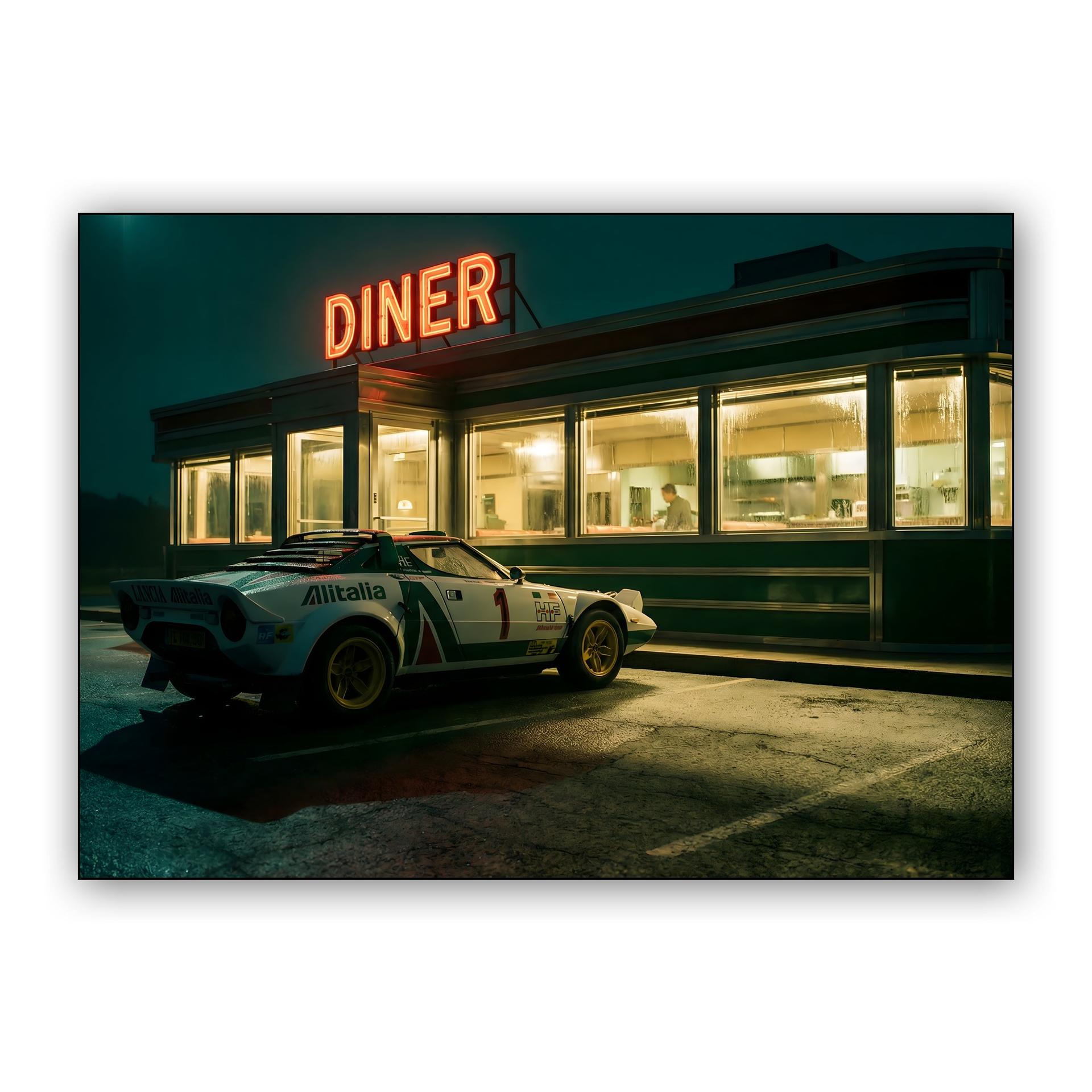 Midnight Pit Stop: Lancia Stratos at the Neon Diner