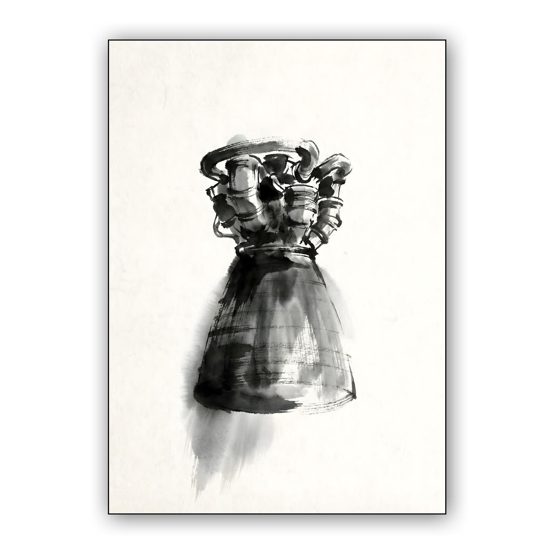 F-1 Rocket Engine Ink Wash Illustration