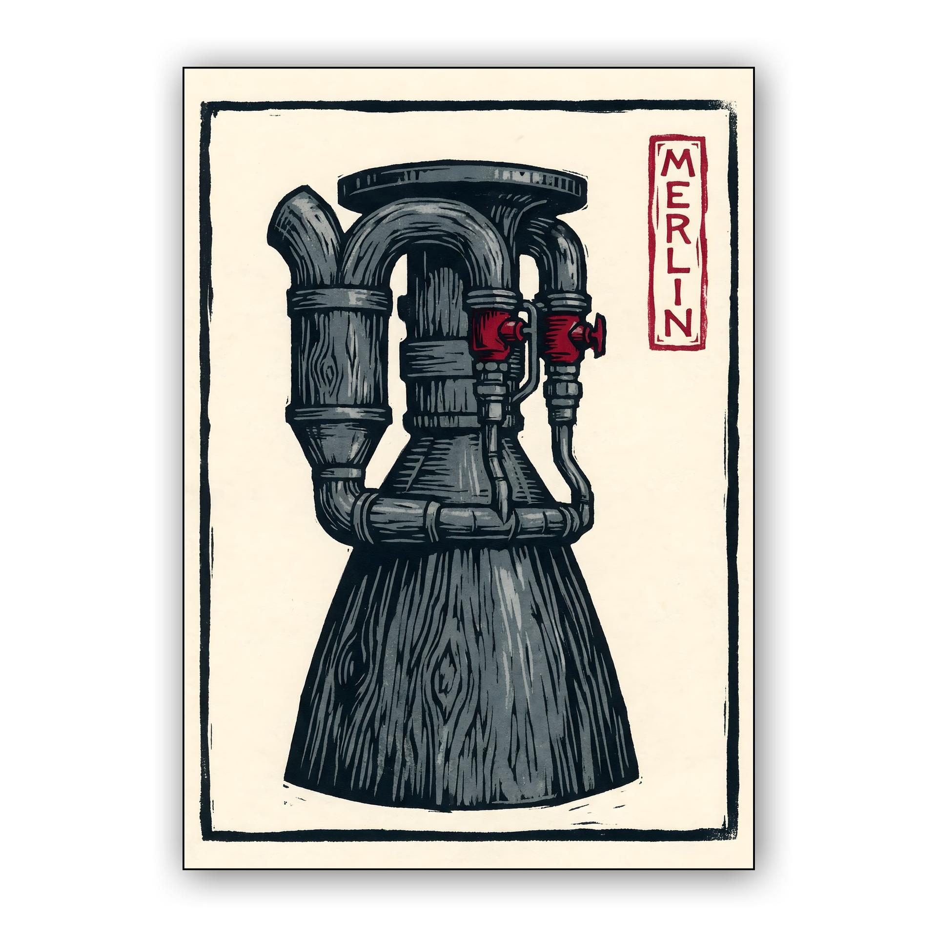 SpaceX Merlin Engine Linocut Print