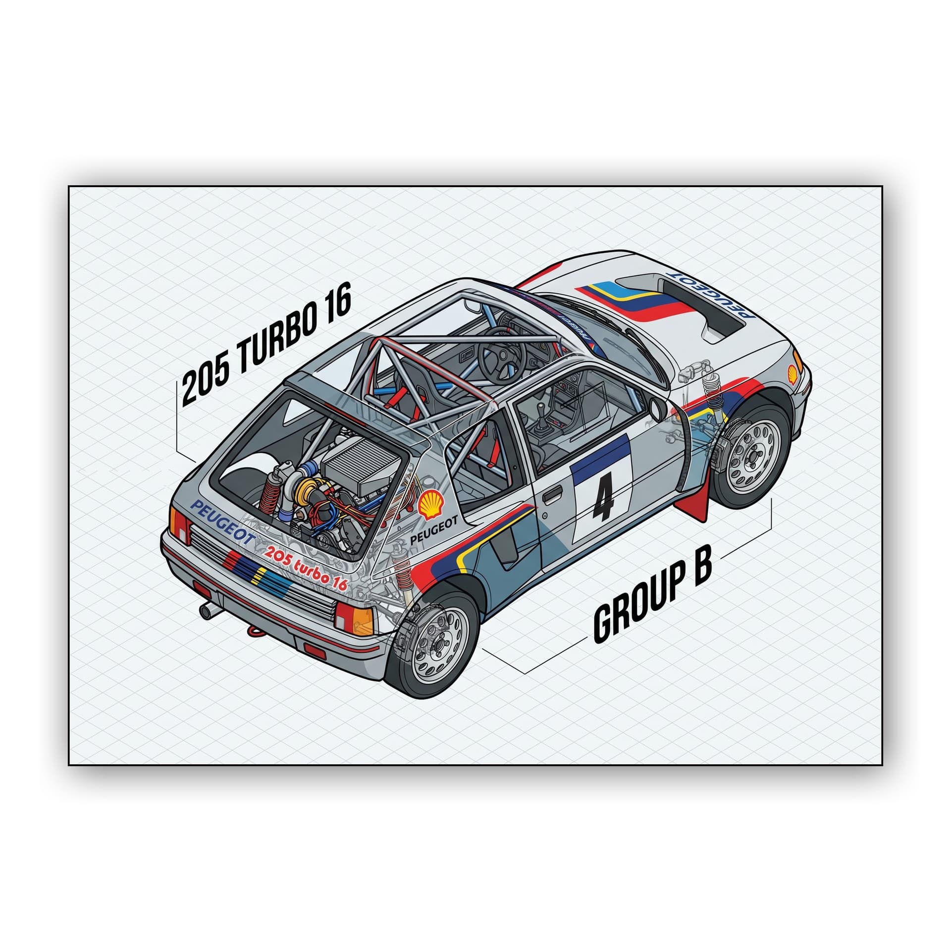 Peugeot 205 T16: Isometric Cutaway Illustration
