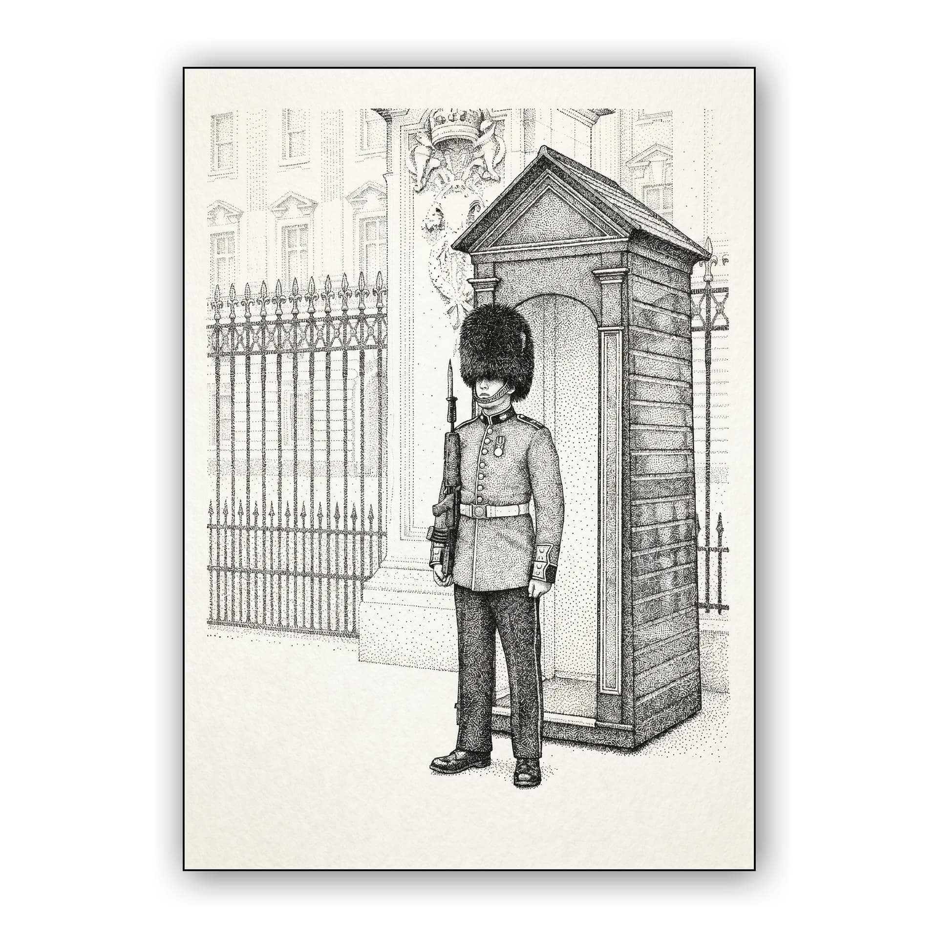 Sentry at Buckingham Palace: Classic Ink Stippling Art