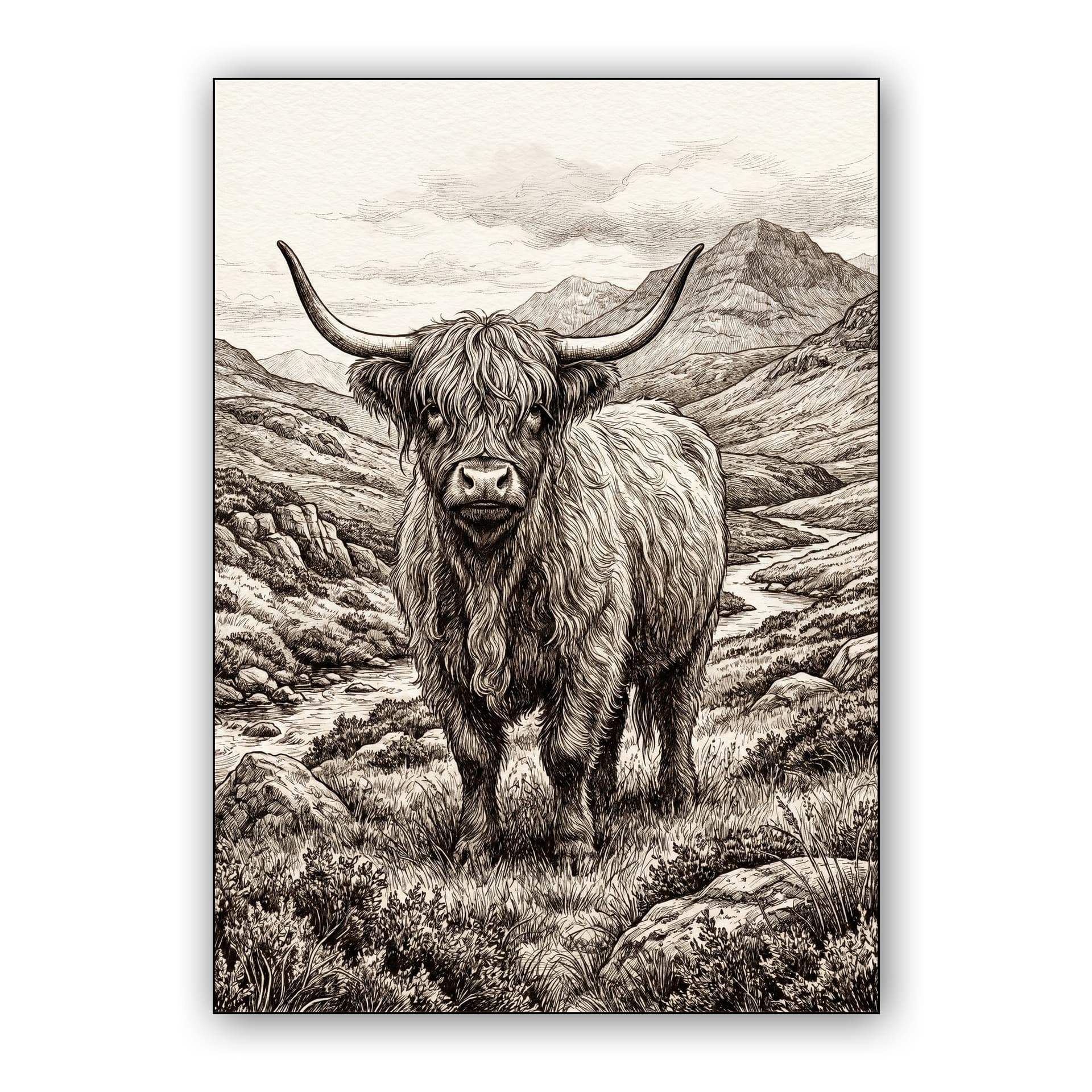 Highland Majesty: Sepia Ink Drawing of a Scottish Cow