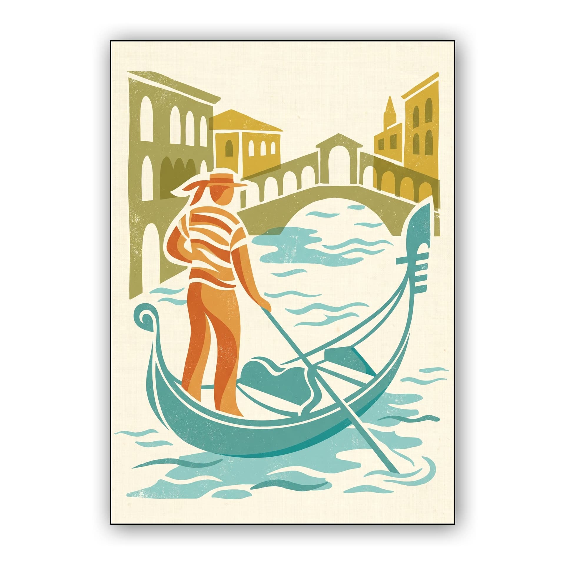 Classic Venetian Gondolier: Woodcut Venice Art