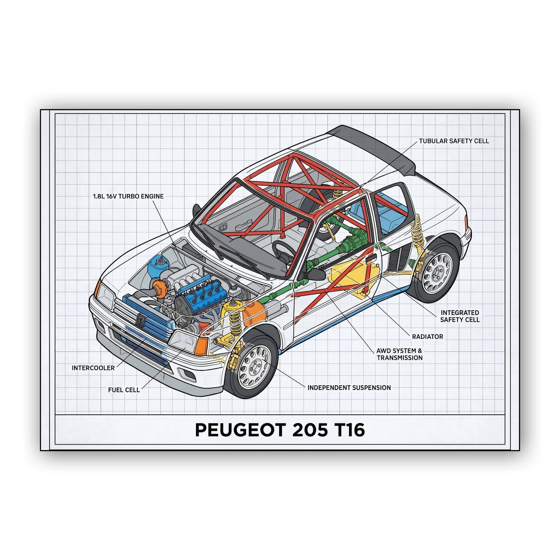 Peugeot 205 T16 - Exploded Cutaway Technical Poster
