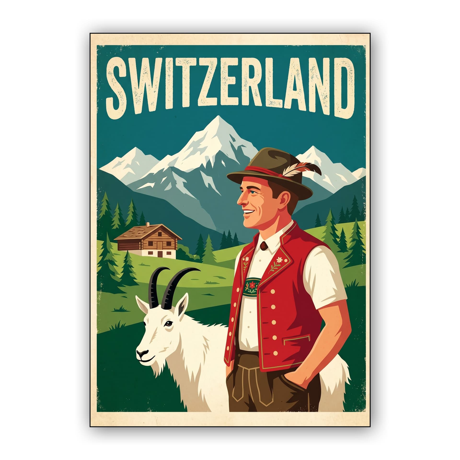 Swiss Alps Heritage - Traditional Wanderer and Goat Travel Poster